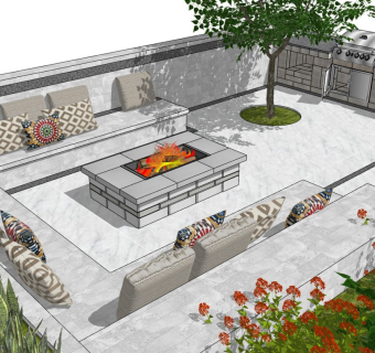 现代庭院花园景观 下沉式户外沙发 植物花草